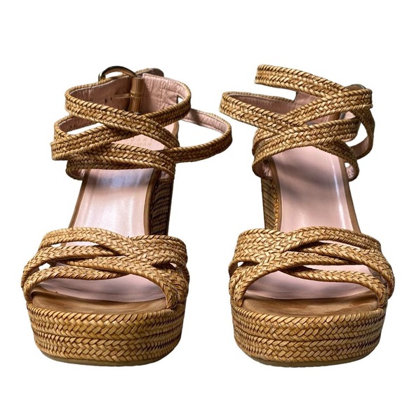 Stuart Weitzman Reins Wedge Sandal Size 9 Tan Camel Strappy Heel Straw Weave - Picture 8 of 16